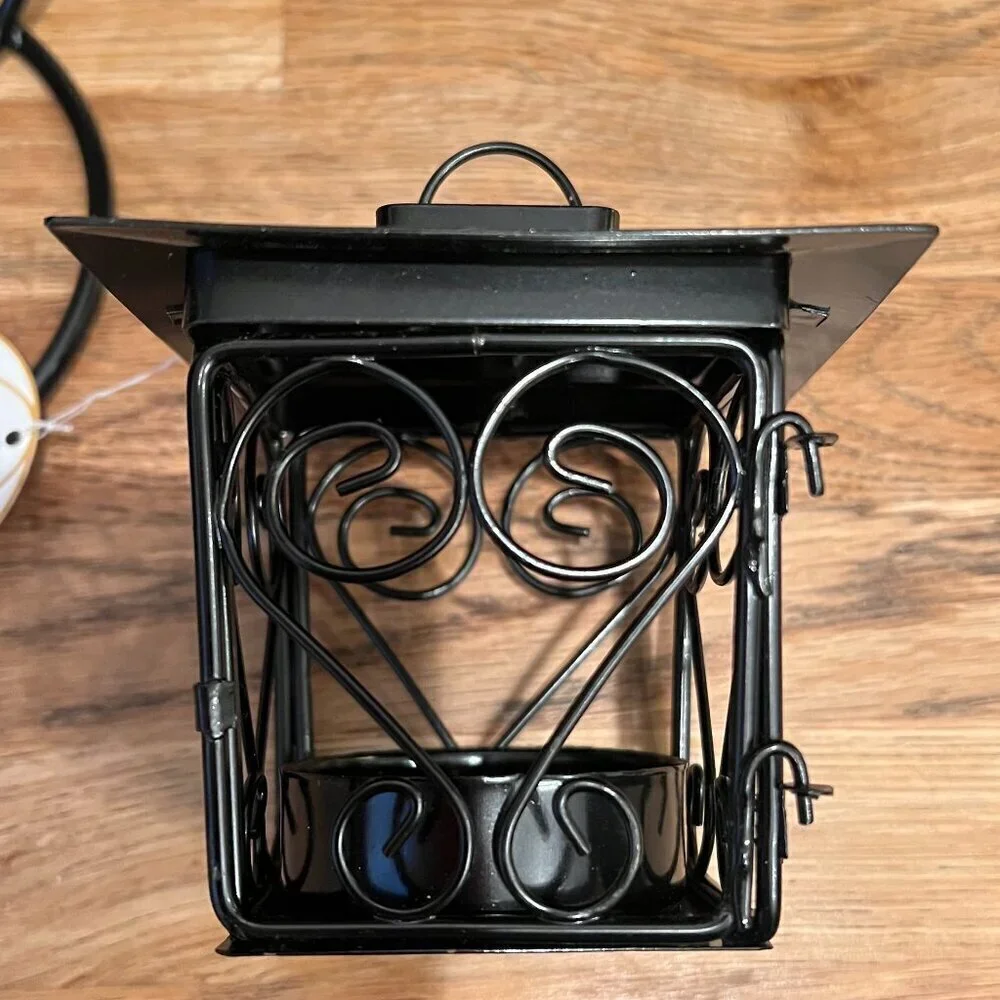 Mid-Century Modern Metal Black Bird House Cage Tea Light Hanging Lantern w/Stand